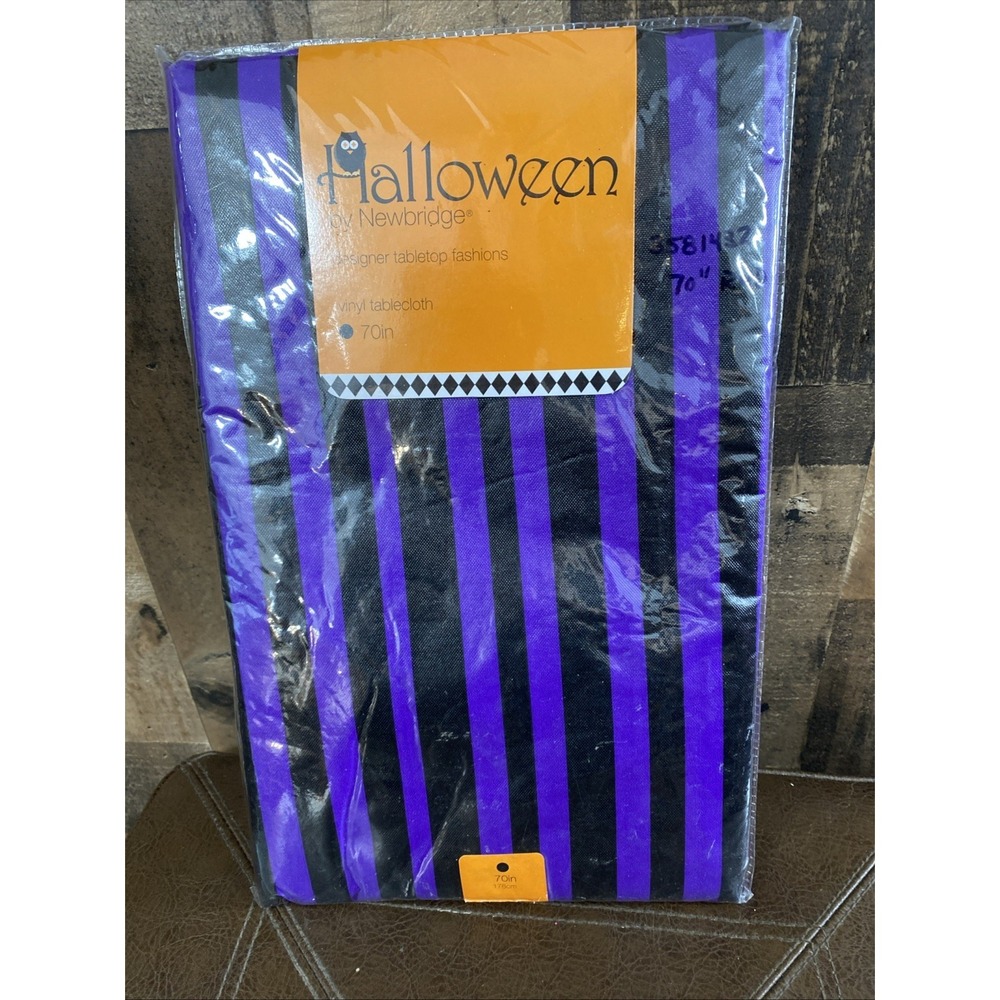 Halloween Newbridge Vinyl Tablecloth 70" Round Flannel Fall Purple black Striped